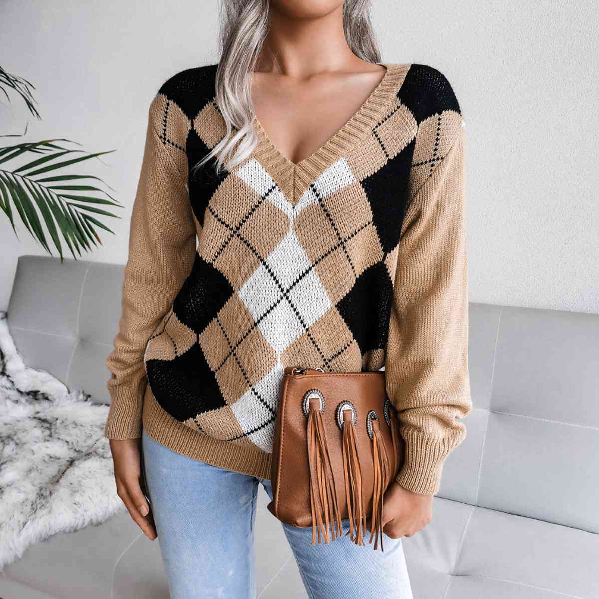 Geometric V-Neck Sweater