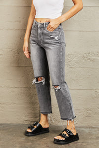 Stone Wash Distressed Cropped Straight Jeans Pants