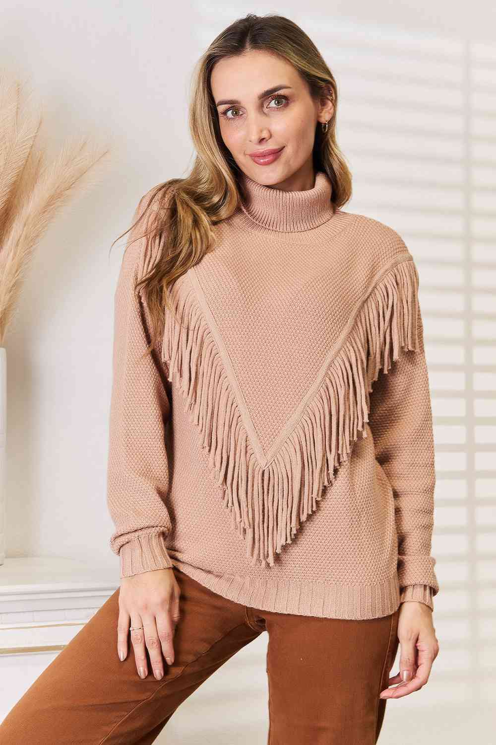 Fringe Front Turtleneck Sweater – Cozy Knit Long Sleeve