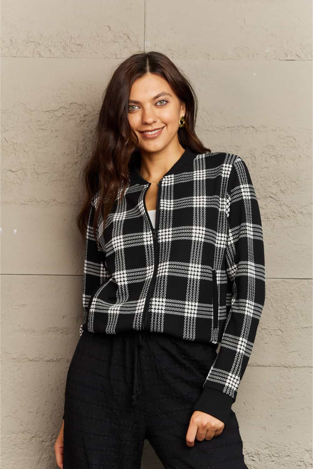 Full Size Plaid Round Neck Long Sleeve Jacket