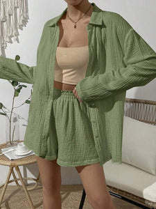 Dropped Shoulder Button Up Top and Elastic Waist Shorts Set