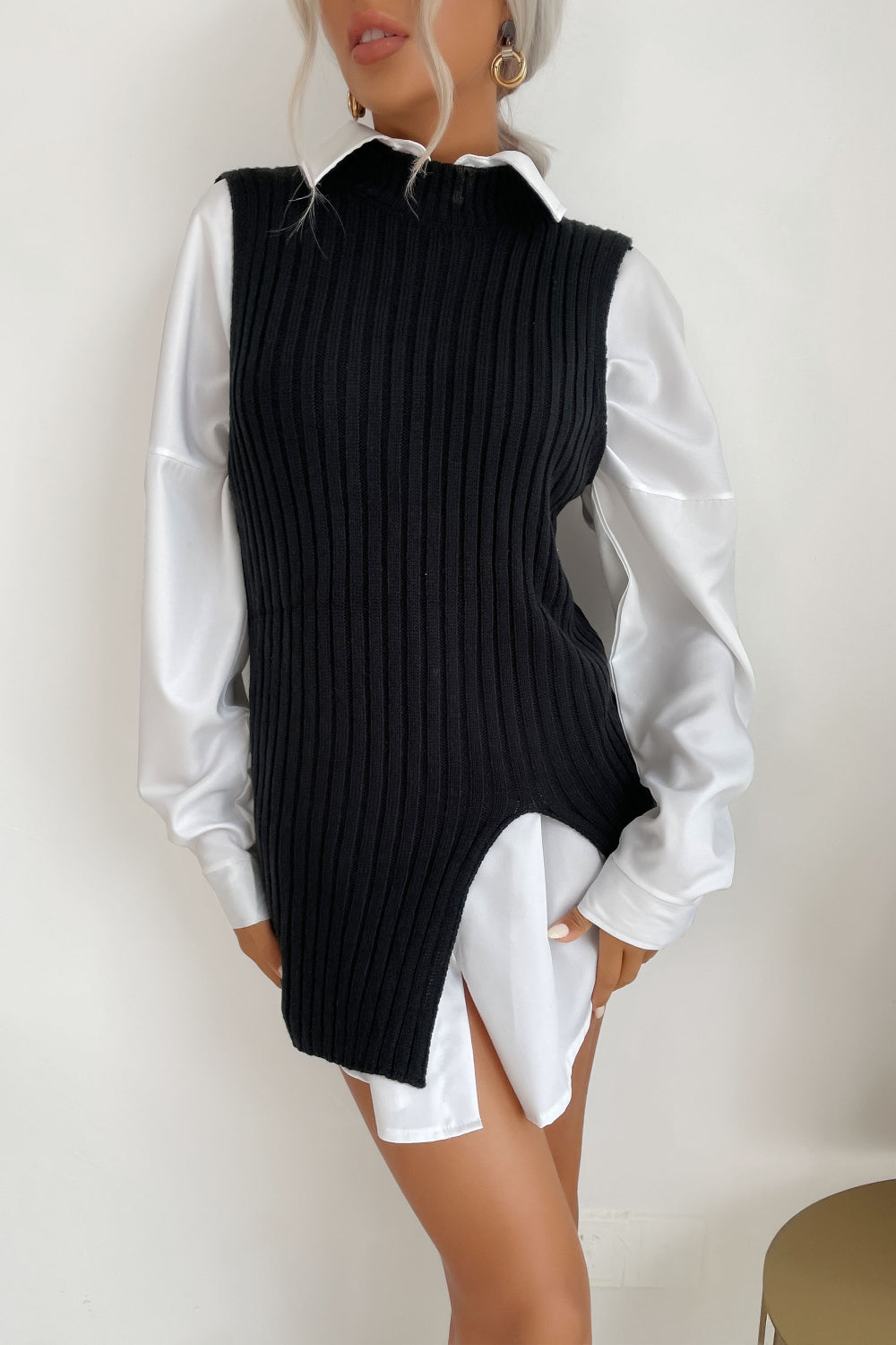Ribbed Slit Hem Sweater Vest Dress