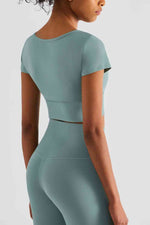 Load image into Gallery viewer, Notched Neck Short Sleeve Cropped Sports Top
