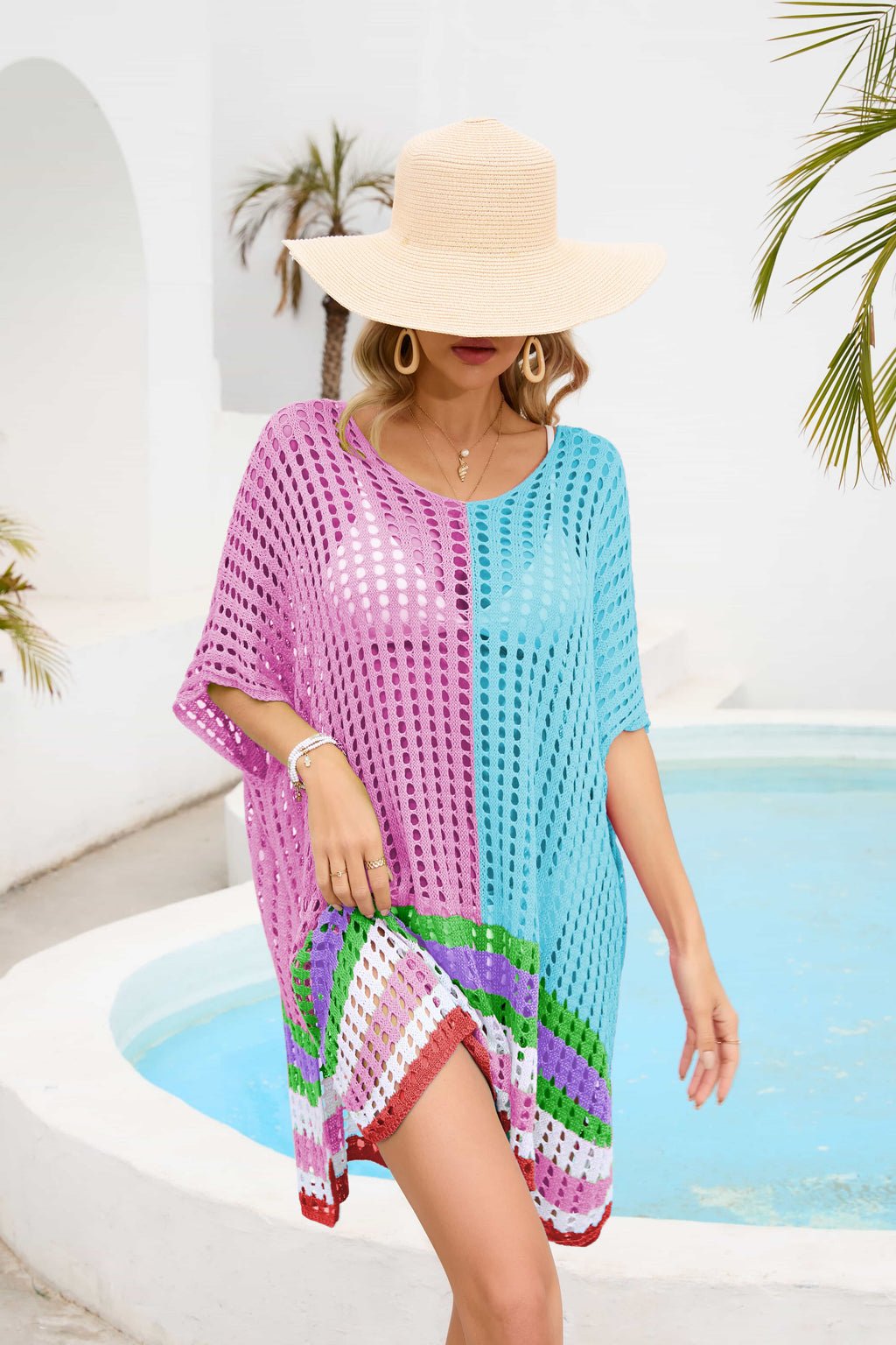 Contrast Openwork Half Sleeve Scoop Neck Cover-Up