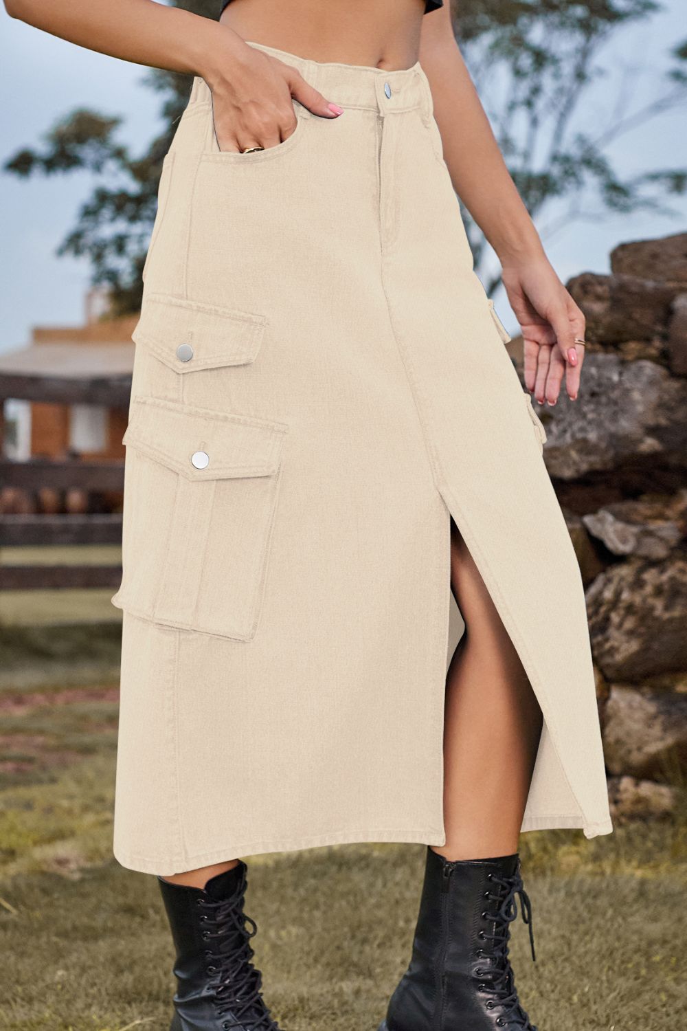 Slit Front Midi Skirt with Pockets