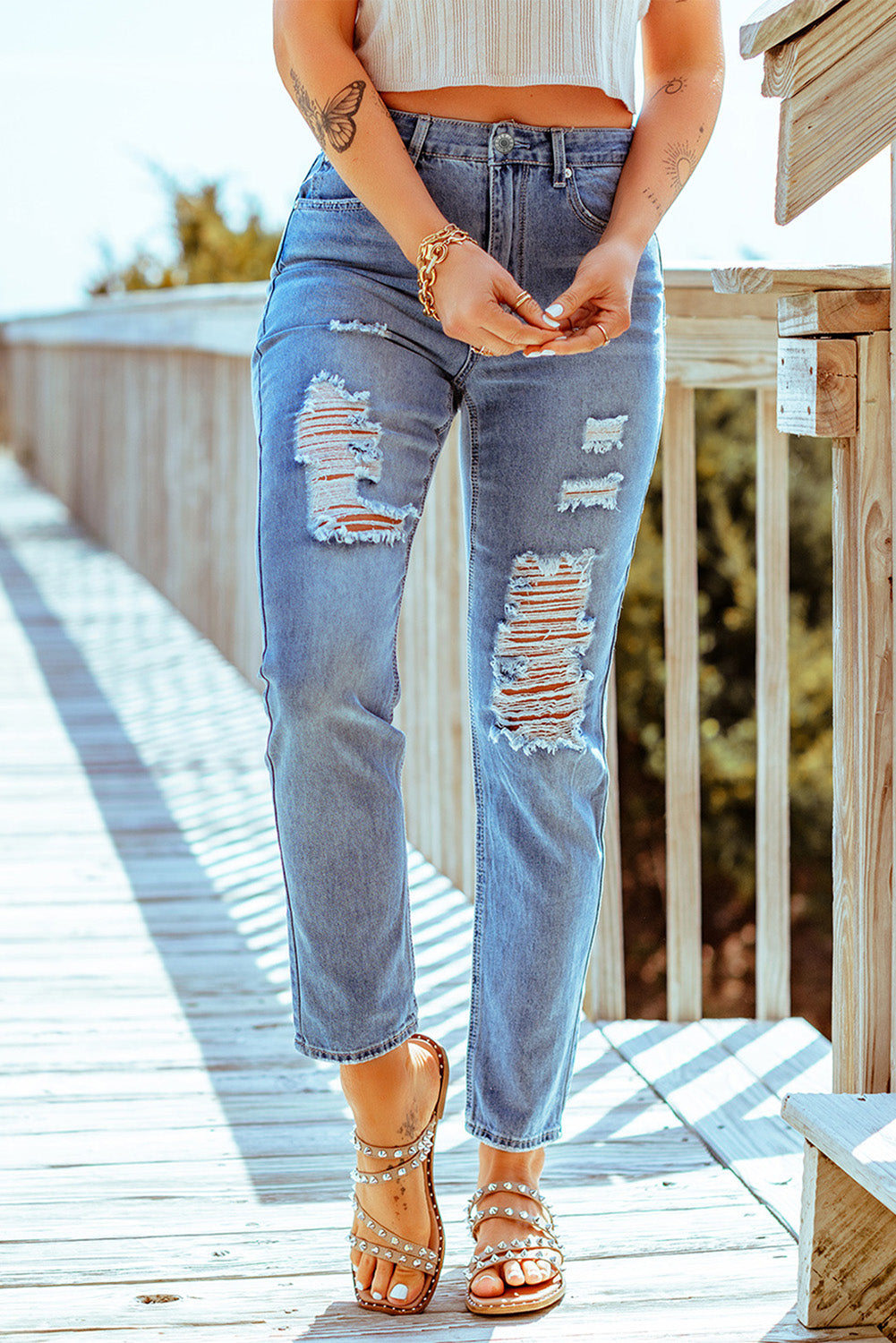 Distressed Ankle-Length Straight Leg Jeans Pants