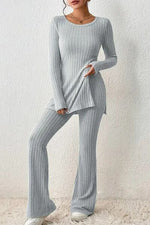 Load image into Gallery viewer, Ribbed Long Sleeve Slit Top and Bootcut Pants Set
