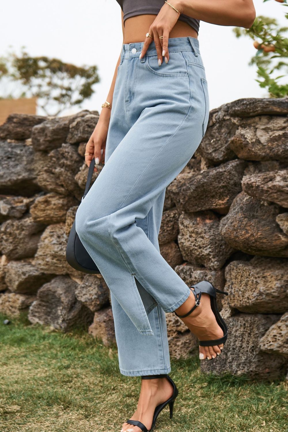 High Waist Loose Fit Ankle Slit Pants