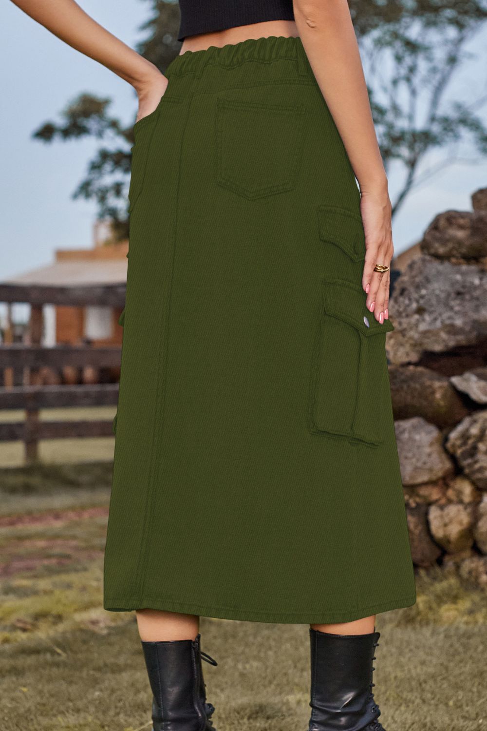 Slit Front Midi Skirt with Pockets
