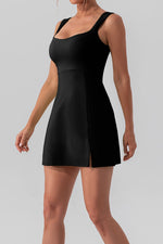 Load image into Gallery viewer, Square Neck Sleeveless Mini Active Dress with Slit – Available in Black, White, Gum Leaf, and Dusty Pink
