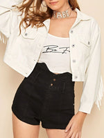 Load image into Gallery viewer, Fringe Detail Collared Neck Long Sleeve Denim Jacket
