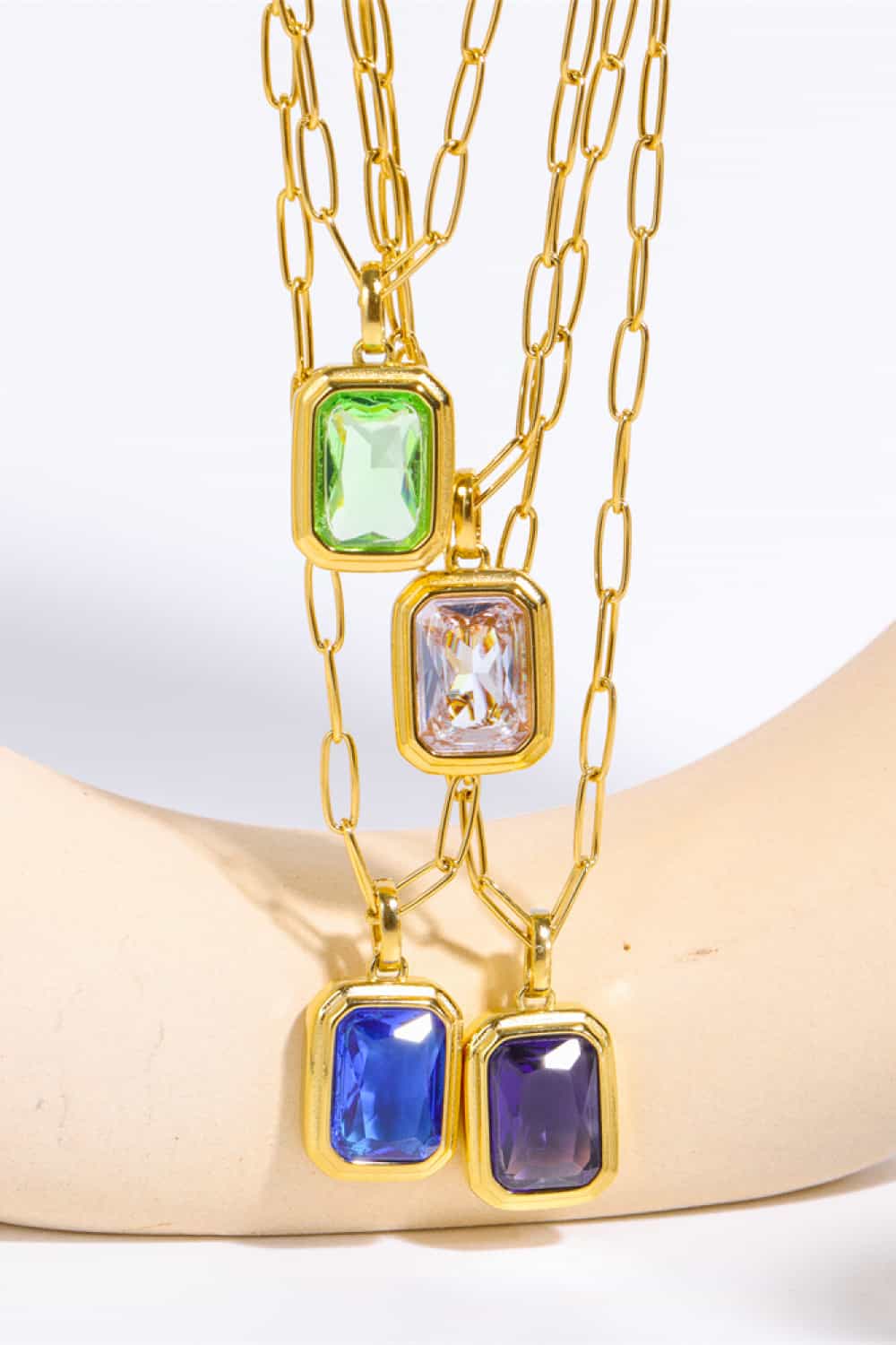 Gemstone Rectangular Pendant Paperclip Chain Necklace