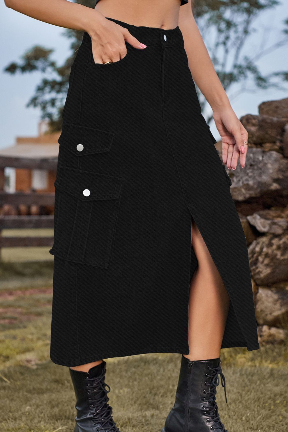 Slit Front Midi Skirt with Pockets
