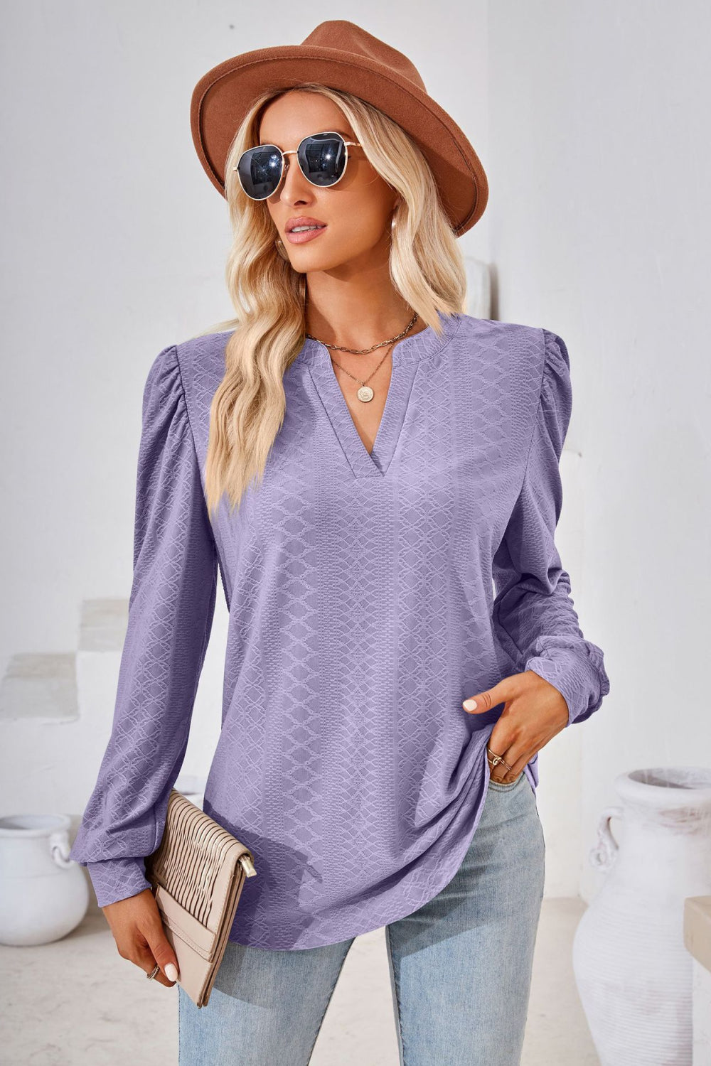 Notched V-Neck Puff Sleeve Blouse