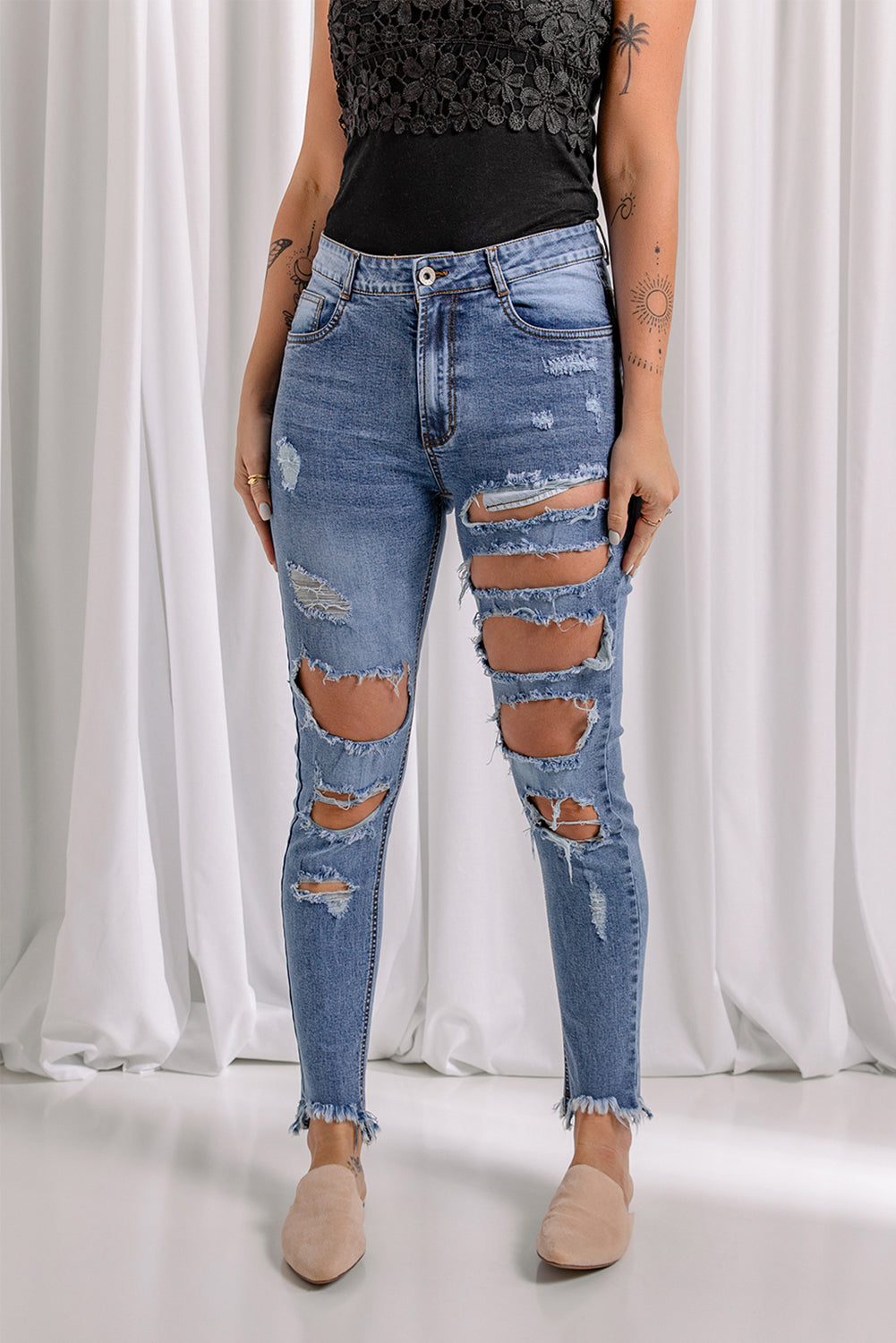 Distressed Raw Hem Skinny Jeans Pants