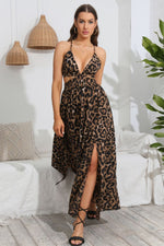 Load image into Gallery viewer, Leopard Deep V Tie Back Split Dress

