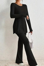 Load image into Gallery viewer, Ribbed Long Sleeve Slit Top and Bootcut Pants Set
