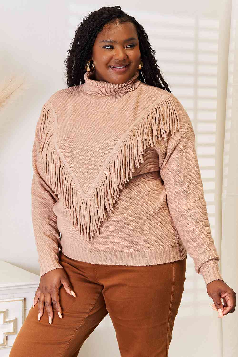 Fringe Front Turtleneck Sweater – Cozy Knit Long Sleeve