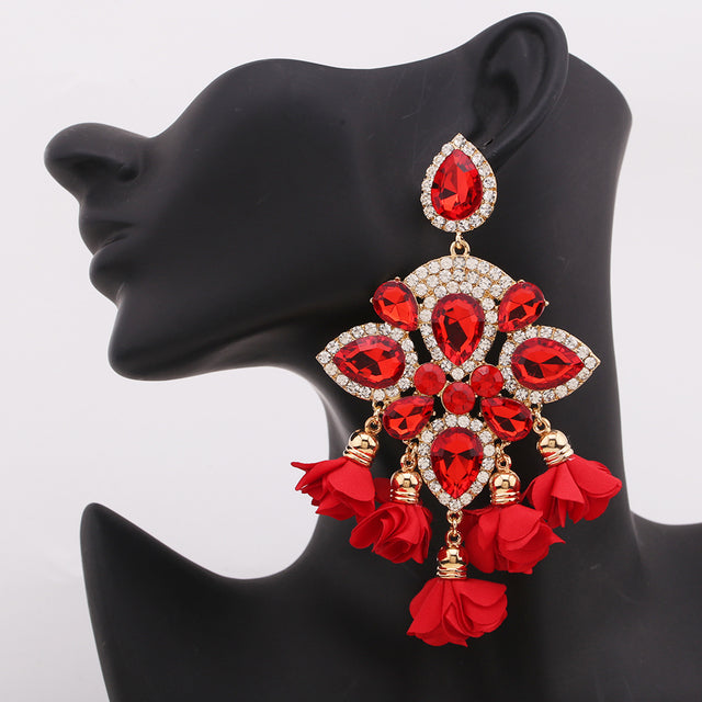 Crystal Bloom Tassel Drop Earrings | Rhinestone Flower Statement Earrings