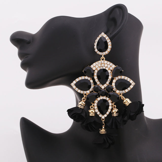 Crystal Bloom Tassel Drop Earrings | Rhinestone Flower Statement Earrings