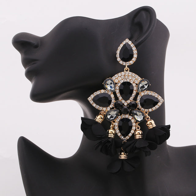 Crystal Bloom Tassel Drop Earrings | Rhinestone Flower Statement Earrings