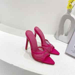 Mesh Pointed-Toe Heel Slippers