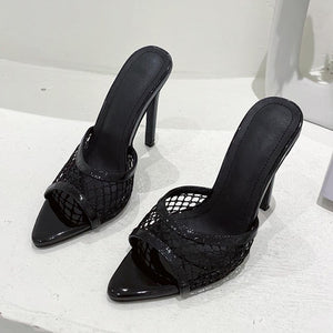 Mesh Pointed-Toe Heel Slippers