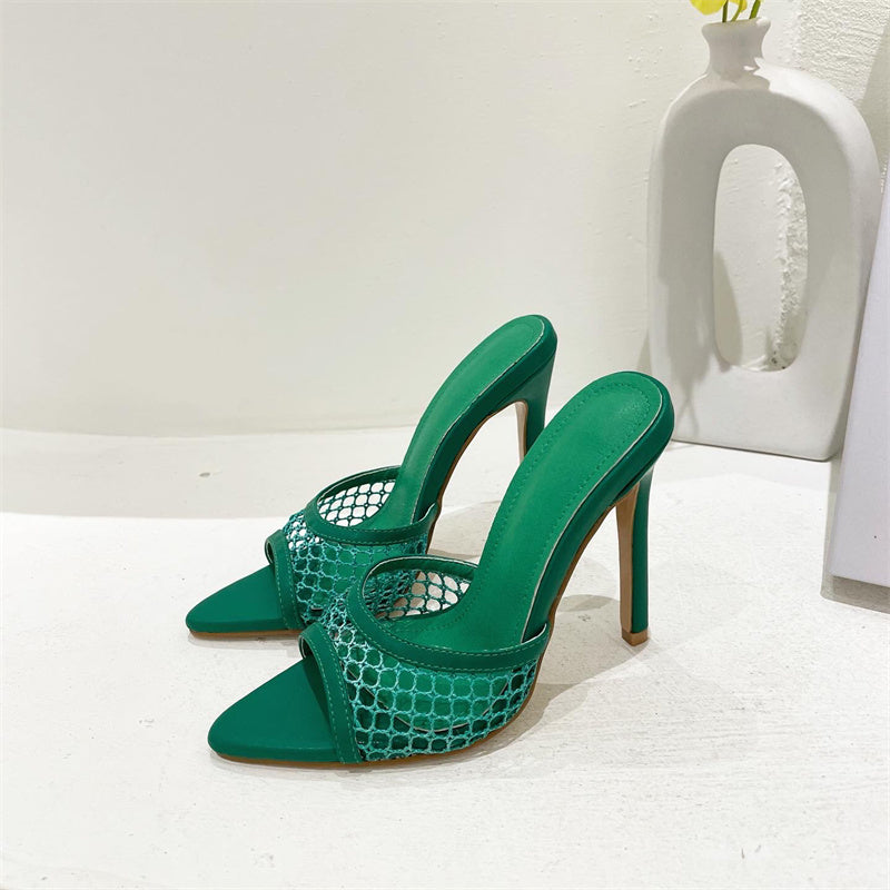 Mesh Pointed-Toe Heel Slippers