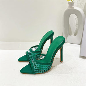 Mesh Pointed-Toe Heel Slippers