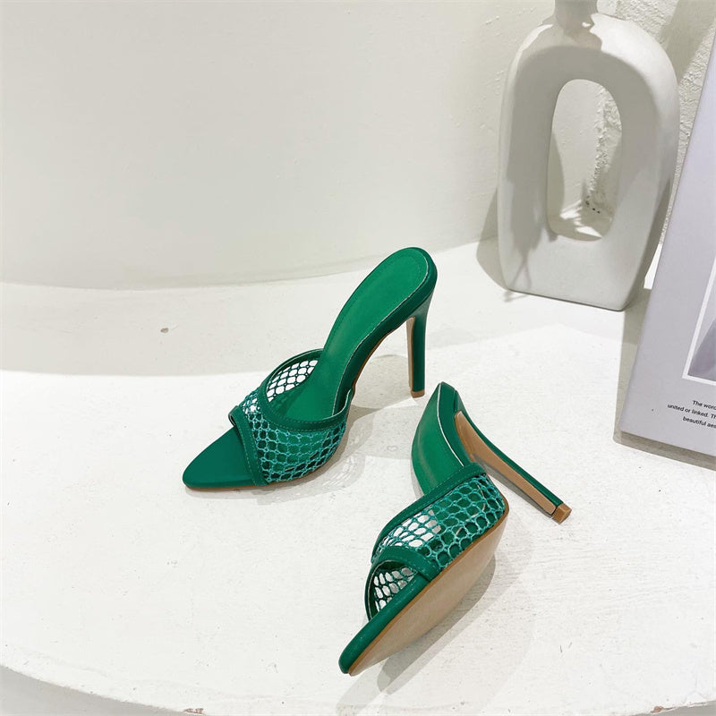 Mesh Pointed-Toe Heel Slippers