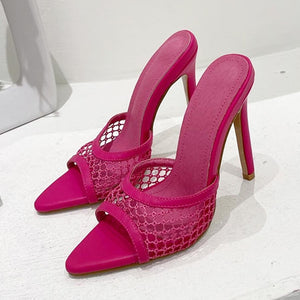 Mesh Pointed-Toe Heel Slippers