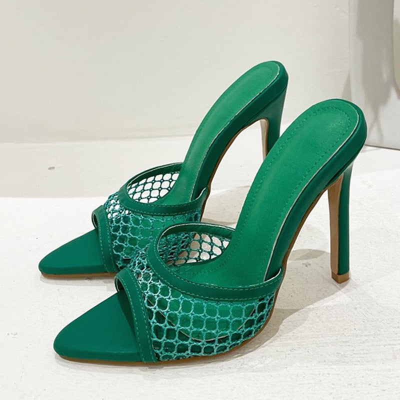 Mesh Pointed-Toe Heel Slippers