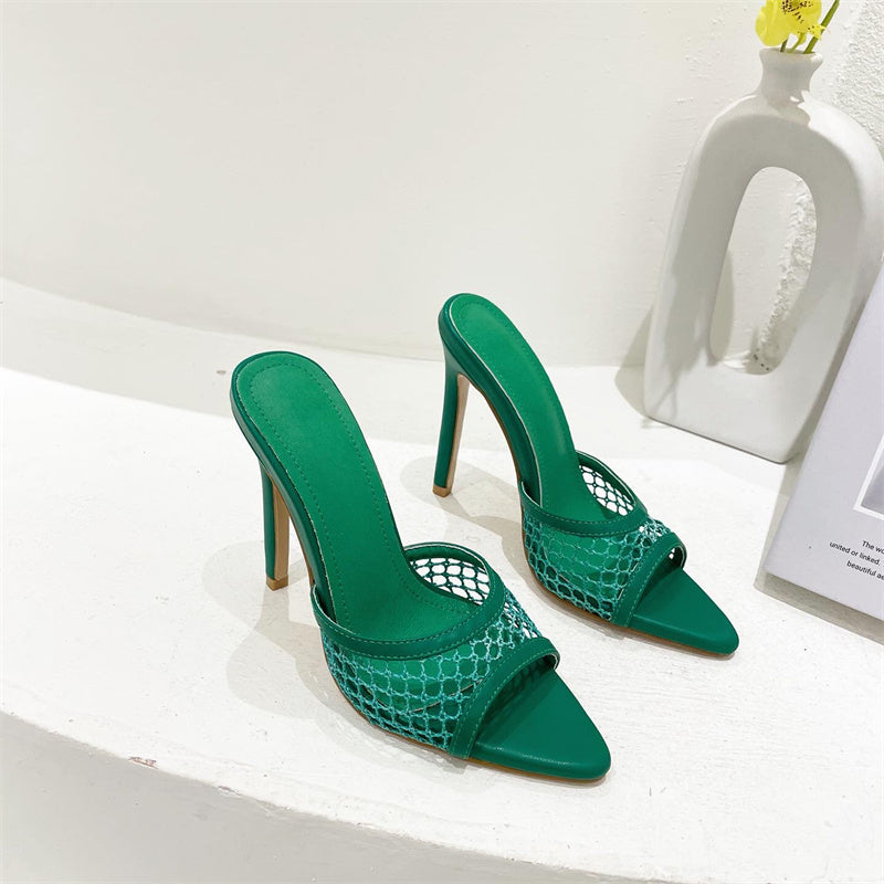 Mesh Pointed-Toe Heel Slippers