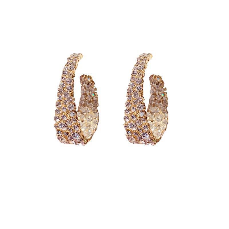 Pavé Rhinestone C-Hoop Earrings | Crystal Encrusted Gold Hoops
