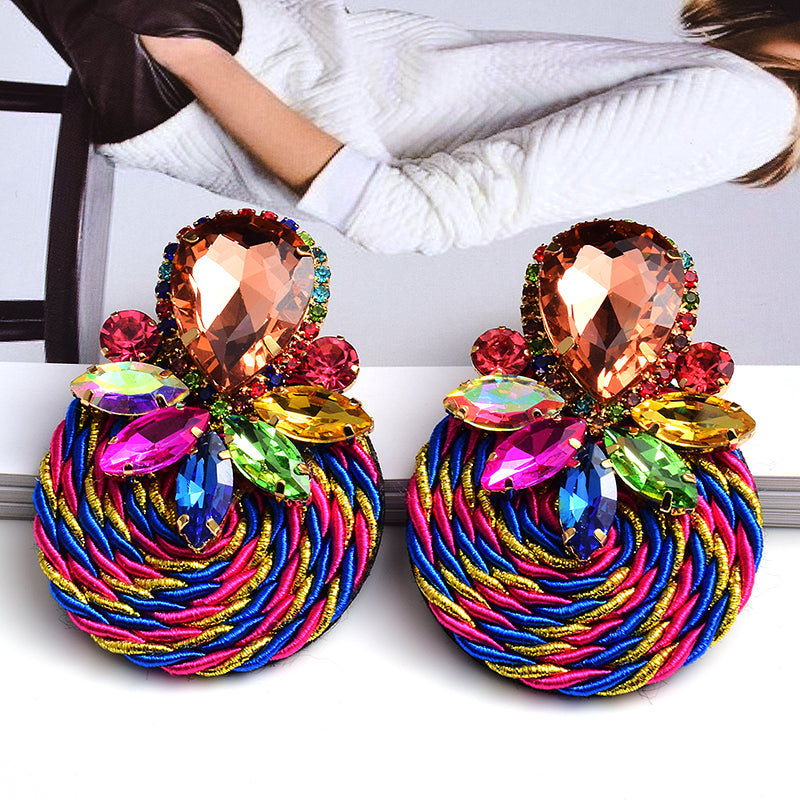Crystal Rope Disc Drop Earrings | Rhinestone Woven Statement Earrings