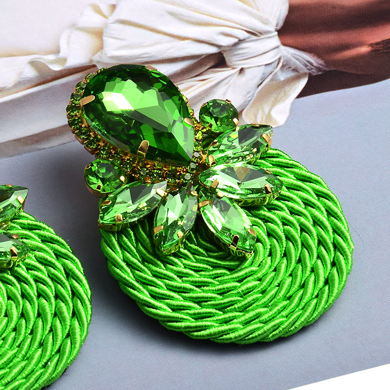 Crystal Rope Disc Drop Earrings | Rhinestone Woven Statement Earrings