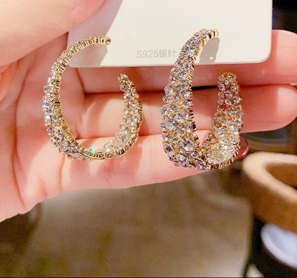 Pavé Rhinestone C-Hoop Earrings | Crystal Encrusted Gold Hoops