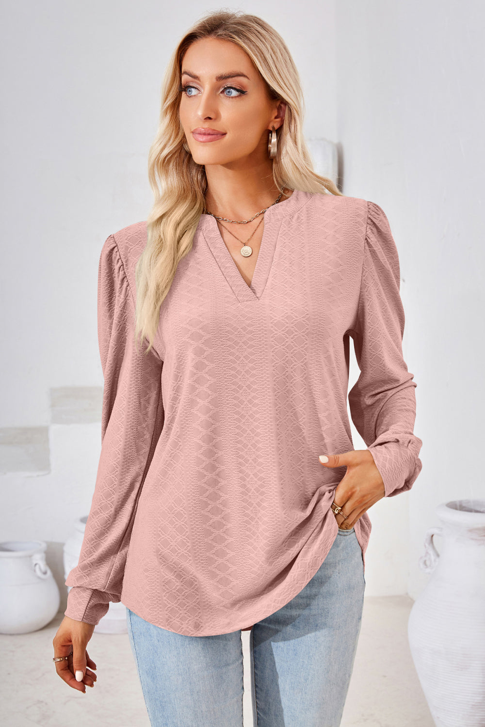 Notched V-Neck Puff Sleeve Blouse
