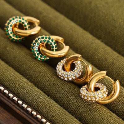 Zircon Inlaid Double-Hoop Earrings in 18K Gold-Plated Titanium