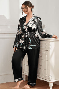 Plus Size Floral Belted Robe and Pants Pajama Set