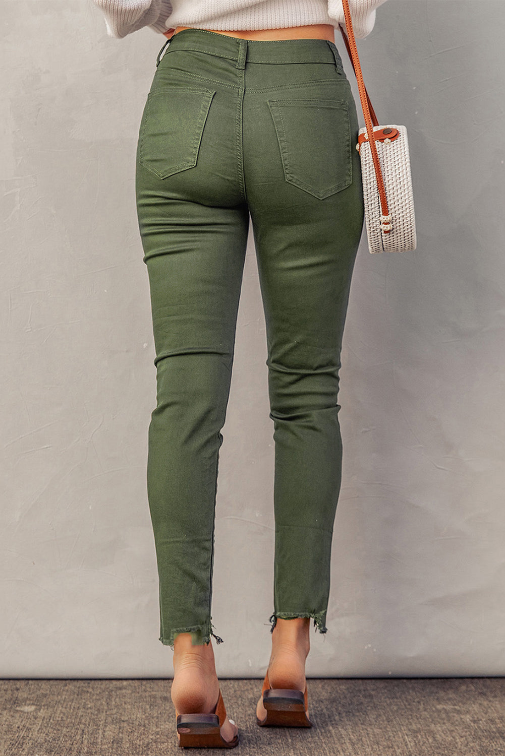 Button Fly Hem Detail Skinny Jean Pants