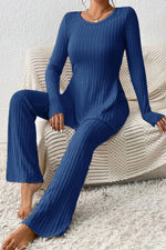 Load image into Gallery viewer, Ribbed Long Sleeve Slit Top and Bootcut Pants Set
