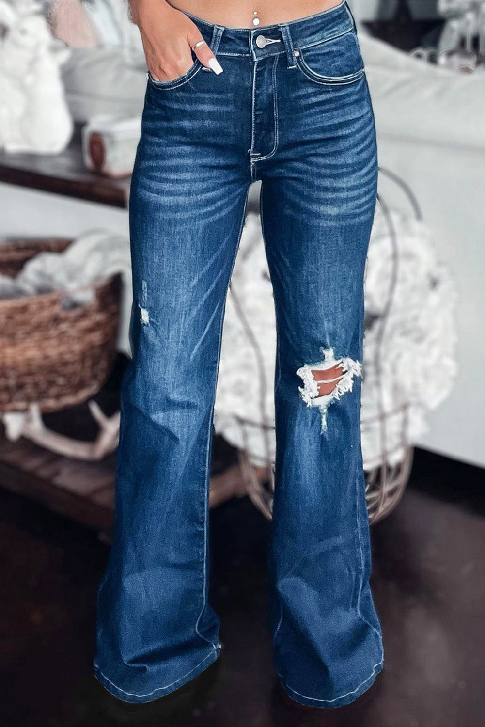 Asymmetrical Open Knee Distressed Flare Jean Pants