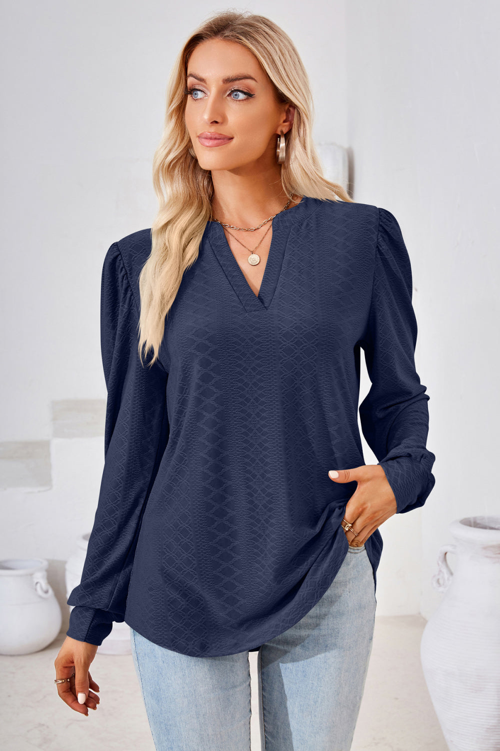 Notched V-Neck Puff Sleeve Blouse