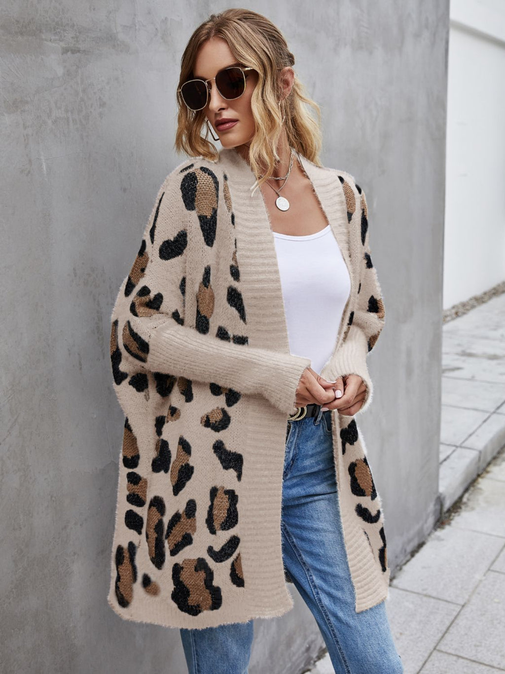 Leopard Print Fuzzy Open Front Cardigan