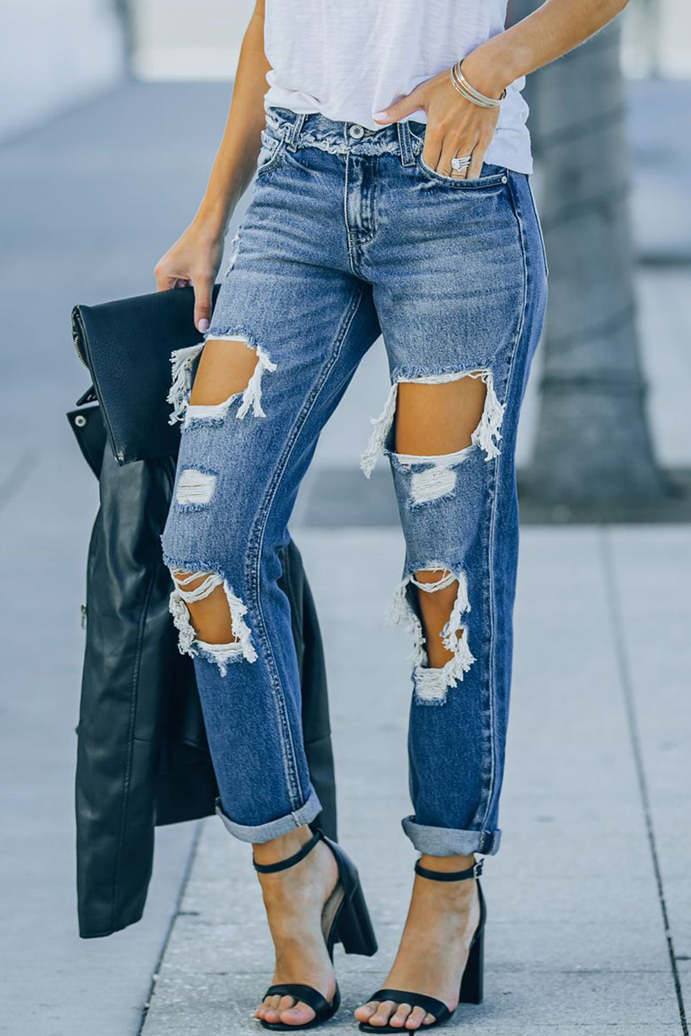 Distressed Frayed Trim Straight Leg Jeans Pants