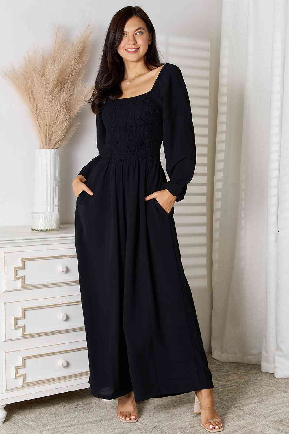 Square Neck Smocked Jumpsuit with Pockets