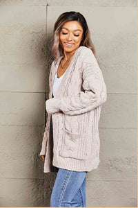 Cable-Knit Open Front Cardigan with Front Pockets