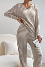Load image into Gallery viewer, Ribbed V-Neck Top and Pants Set
