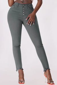 Button Fly Hem Detail Skinny Jean Pants